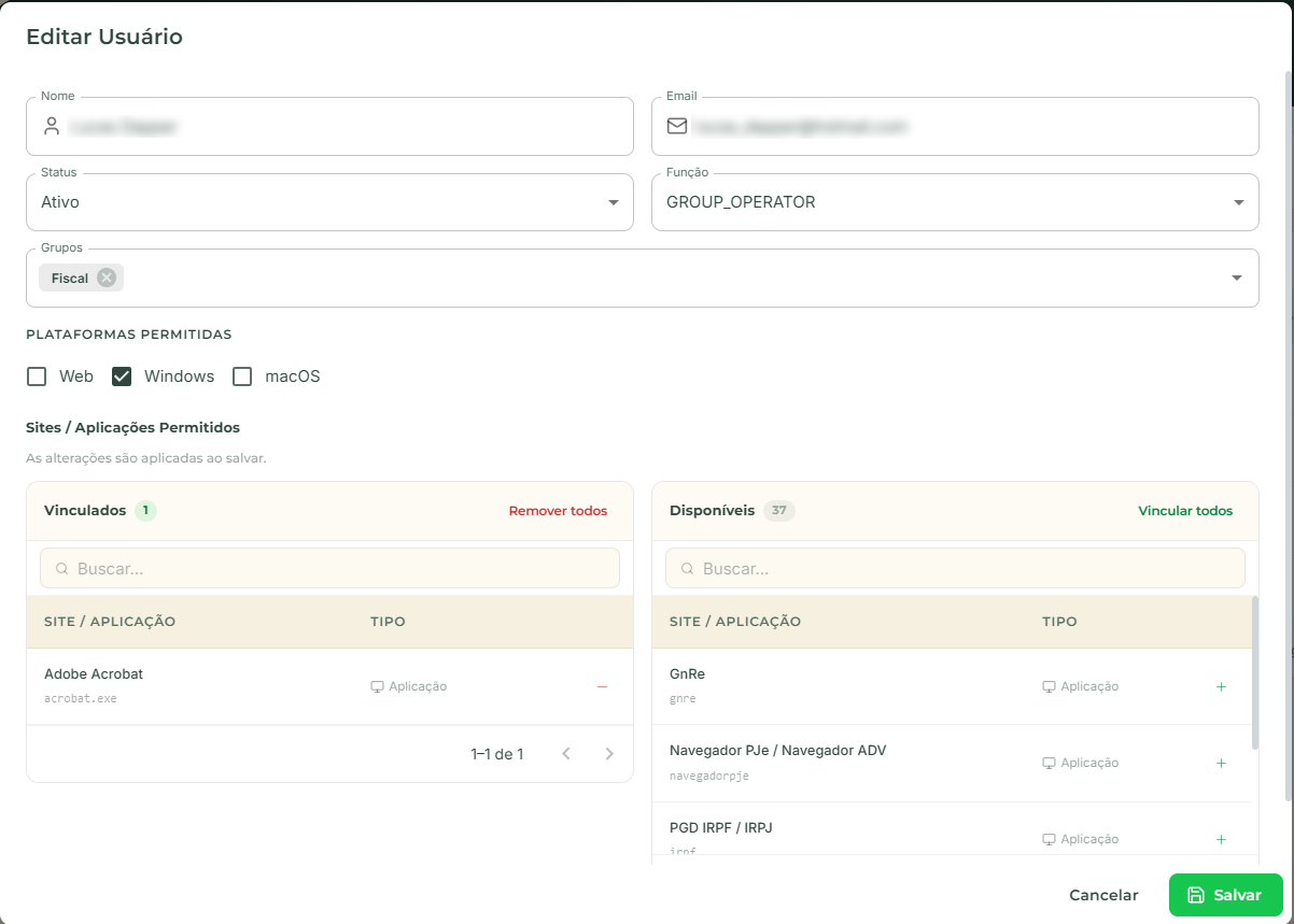 Editar Usuário — Sites e Aplicações
