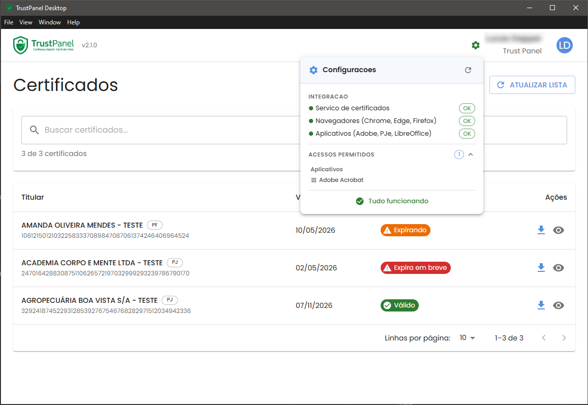 Painel de Configurações