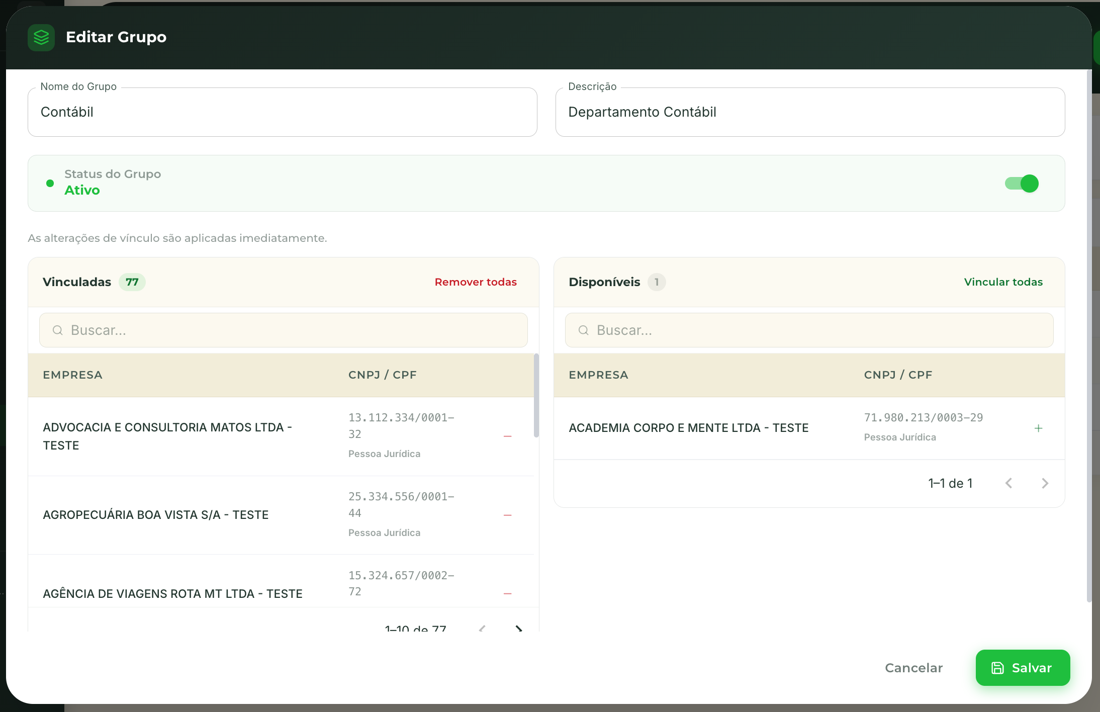 Editar Grupo — com cliente disponível