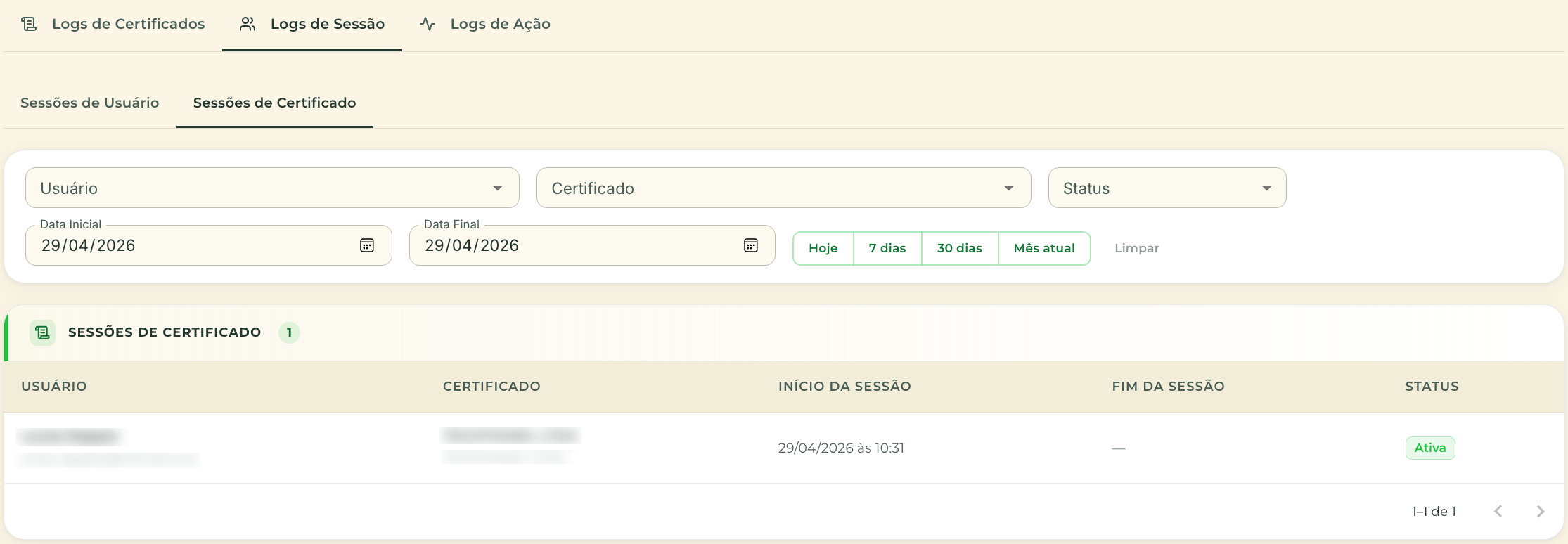 Sessões de Certificado