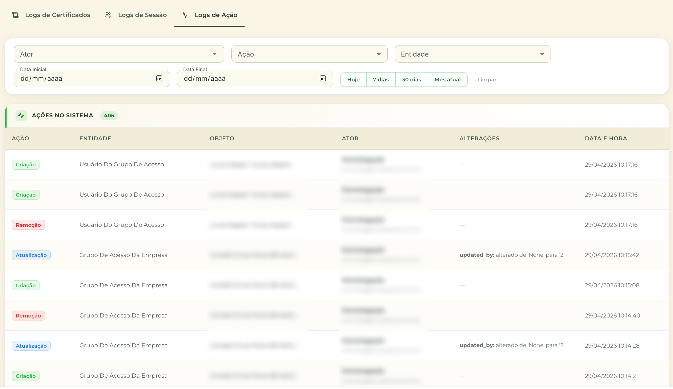 Logs de Ação — visão geral