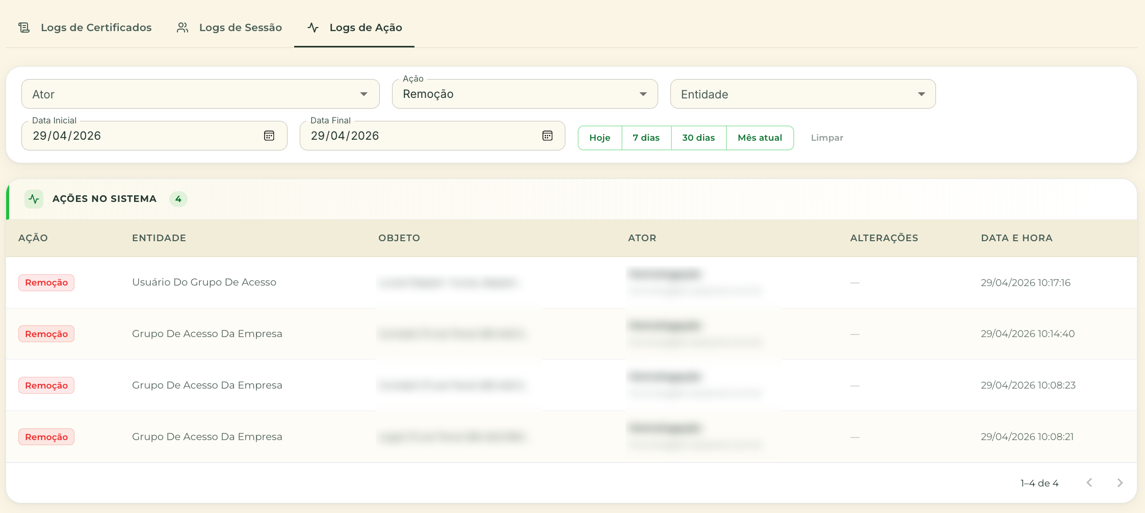 Logs de Ação filtrado por Remoção